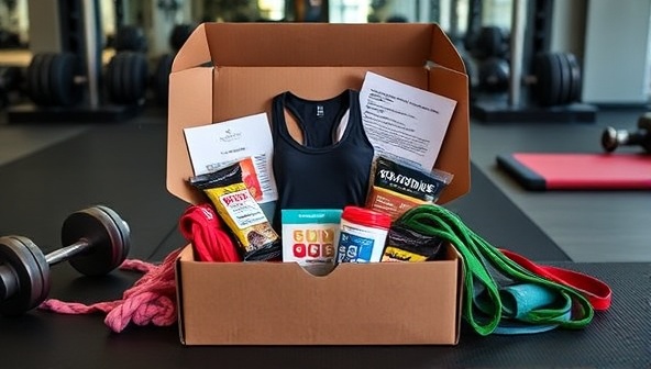 An elegant and stylish subscription box filled with fitness goodies, including workout apparel, protein bars, resistance bands, and motivational cards, presented against a backdrop of a gym setting with weights and exercise mats, exuding a sense of excitement and motivation for fitness enthusiasts.