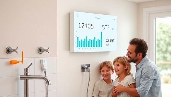 A modern smart home with sensors installed on faucets and showers, a central control panel displaying water usage data in real-time, and a happy family saving money and conserving water effortlessly.