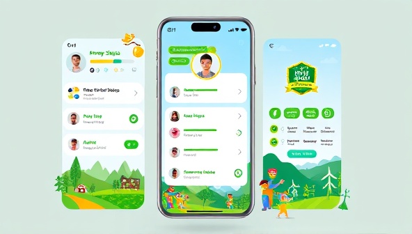 An interactive app interface showcasing energy-saving challenges, user avatars, progress bars, and eco-friendly badges for completed tasks, with vibrant visuals of green landscapes, renewable energy symbols, and animated characters engaging in sustainable actions, creating a fun and motivating user experience.