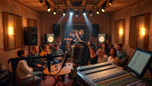 An enchanting audio studio setting with a microphone, soundproof walls, and recording equipment, capturing the essence of immersive audio storytelling, with voice actors narrating a captivating story in front of a mesmerized audience, surrounded by sound mixing consoles and studio lights, creating a magical and immersive storytelling atmosphere.