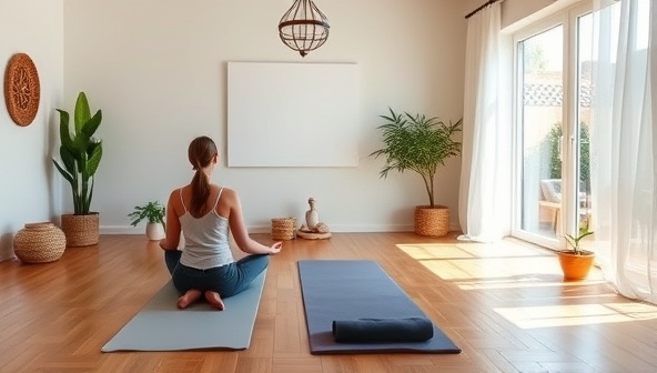 A serene virtual yoga studio environment with an instructor leading a mindfulness session, surrounded by peaceful decor, yoga mats, and soothing natural elements, conveying a sense of relaxation and well-being offered by the platform.