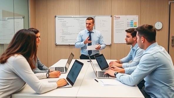 A professional cybersecurity consultant conducting a training session with government employees on data protection best practices, with laptops, security tools, and compliance documents visible in the background, illustrating a focus on security education and readiness.
