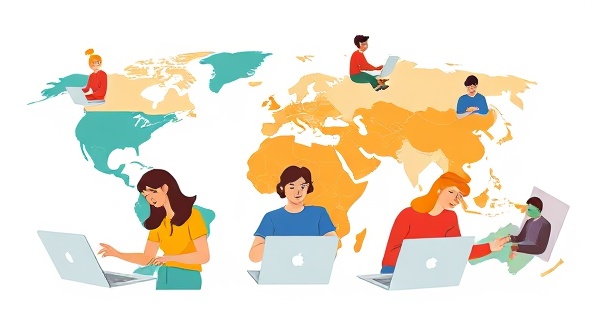 An illustration of diverse volunteers from around the world collaborating virtually on laptops, symbolizing global connection and community impact.