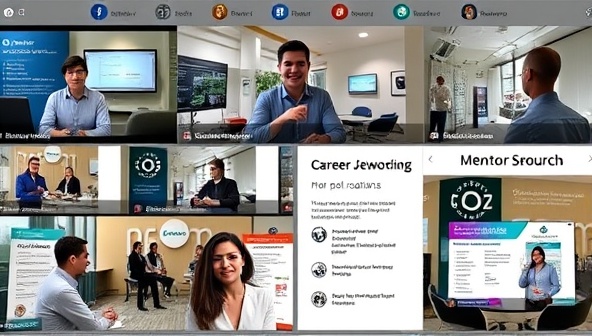 An online career development workshop with professionals participating in a virtual networking session, sharing insights and tips on career advancement and personal branding, with virtual job fair booths and mentorship resources displayed in the background, fostering professional growth and community engagement.
