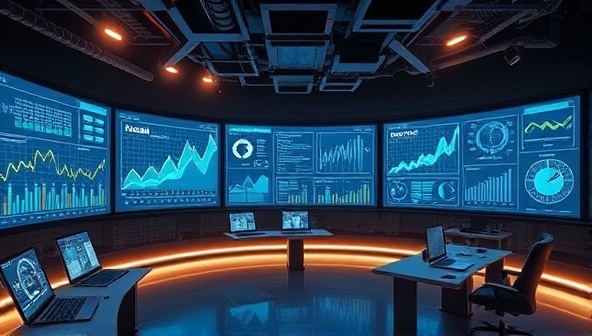 A futuristic visualization of a mining control room with large screens displaying real-time data analytics, charts, and predictive models, symbolizing the seamless integration of technology and mining operations for optimized efficiency.