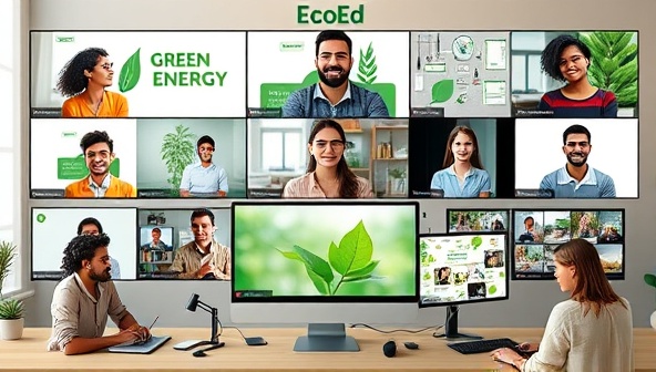 An online learning interface showcasing a diverse group of students participating in a virtual green energy course, with interactive lessons, live webinars, and collaborative projects displayed on computer screens, symbolizing the inclusive and innovative educational experience offered by EcoEd Academy in the realm of sustainable energy education and professional development.