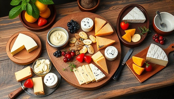 An enticing food photography scene featuring a rustic wooden table adorned with an array of artisanal cheeses, charcuterie, fresh fruits, and gourmet spreads, beautifully arranged with elegant serving ware and garnishes, creating a visually appealing and appetizing display of artisanal delights.
