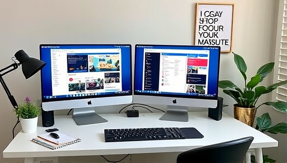 A virtual workspace setup with a neatly organized desk, dual monitors displaying productivity tools, motivational quotes on the wall, and a plant for a touch of greenery, representing a productive and ergonomic work environment in a remote setting.