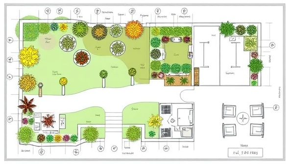 A digital garden design blueprint with plant symbols, layout sketches, and outdoor furniture arrangements, showcasing a visually appealing and well-planned garden space, illustrating the expertise and creativity of Greenscape Guidance's online consultation services.