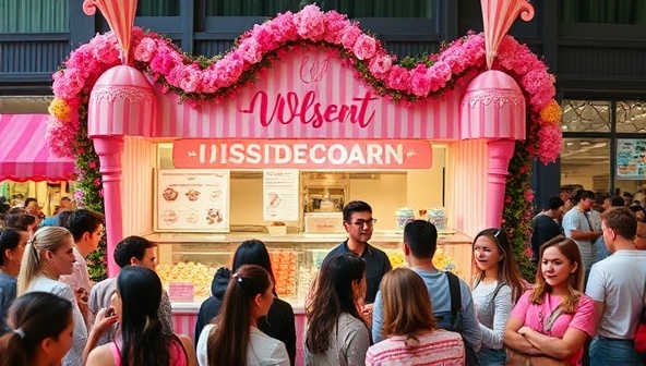 A colorful and inviting pop-up dessert stand adorned with whimsical decorations and a variety of delectable sweets on display, surrounded by a crowd of smiling customers enjoying their sweet treats, embodying a festive and indulgent atmosphere.