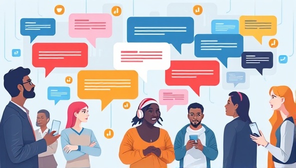 An engaging and interactive depiction of a diverse group of users interacting with the VoiceWeb Design AI assistant through voice commands, with colorful speech bubbles and design elements responding in real-time to the users' instructions, creating a dynamic and futuristic web design experience.