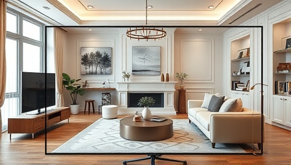 An elegant virtual living room design displayed on a digital screen, featuring a mix of modern and classic elements, with a cozy ambiance and stylish decor, inspiring viewers with design possibilities.