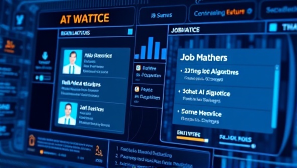 An engaging visual of a futuristic digital interface displaying job matches with AI algorithms at work, showcasing a seamless and efficient recruitment process for both employers and job seekers.