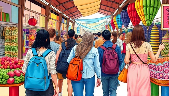 A vibrant and colorful illustration of a diverse group of tourists following a guide through a bustling local market, capturing the essence of cultural immersion and exploration.