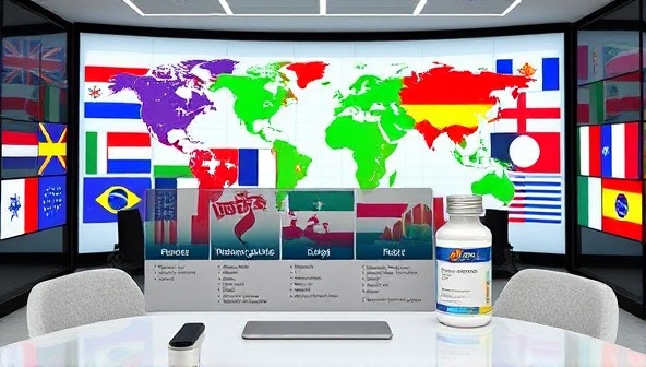 An image of a virtual meeting room with diverse global flags in the background, symbolizing international collaboration, with a digital interface displaying regulatory guidelines and pharmaceutical products, representing streamlined regulatory processes.