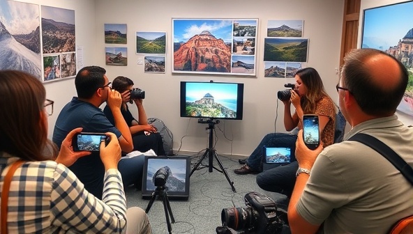 A virtual photography workshop scene with participants engaging in hands-on photography exercises, reviewing images on digital screens, and receiving feedback from a professional photographer, surrounded by travel photos and camera gear, reflecting creativity and learning in travel photography.