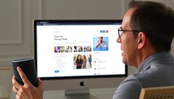 An individual speaking to a smart speaker device while browsing a website, illustrating the seamless integration of voice commands in website interactions and highlighting the convenience of voice-activated features.