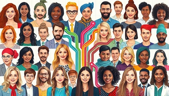 A vibrant collage of diverse niche influencers in various industries and interests, interconnected by colorful lines representing brand collaborations and partnerships, showcasing the authenticity and diversity of niche influencer marketing opportunities on the platform.