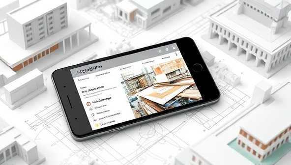 A smartphone displaying the ArchEduPro app interface with engaging architectural courses, design challenges, and a vibrant community forum, surrounded by architectural models and drafting tools, illustrating the immersive and educational experience offered by the app.