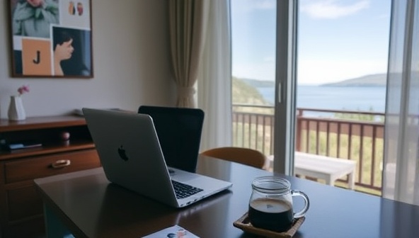 A cozy remote work setup in a tastefully furnished accommodation, with a laptop on a desk overlooking a serene view, a comfortable workspace chair, and a steaming cup of coffee, creating an inviting environment for productive remote work.