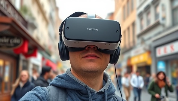 An individual wearing a VR headset, fully immersed in a virtual tour of a bustling city street, surrounded by digital representations of landmarks and locals, capturing the excitement and realism of the experience.