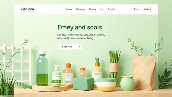 An online store homepage mockup featuring a vibrant and eco-friendly product display with reusable bottles, organic skincare products, sustainable kitchenware, and biodegradable packaging, conveying a message of conscious consumption and green living.