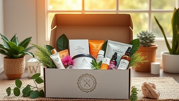 An elegant and beautifully designed subscription box overflowing with vibrant wellness products, greenery, crystals, and relaxation items, set against a serene backdrop of a sunlit wellness retreat, inviting viewers to embark on a journey of self-care and rejuvenation.