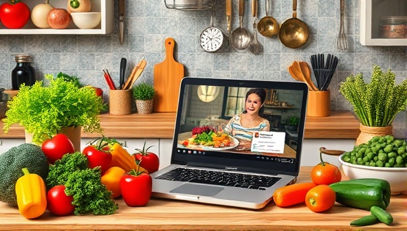 A colorful kitchen scene with fresh ingredients, cooking utensils, and a laptop displaying a live cooking class, creating a vibrant and interactive cooking environment.