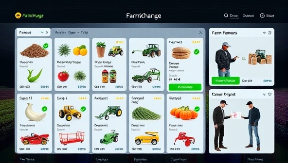 An interactive digital interface showcasing a diverse range of agricultural products and equipment available on the FarmXchange platform, with farmers and suppliers engaging in seamless transactions, highlighting the convenience and efficiency of the marketplace.