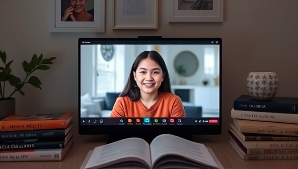 An online mental wellness coaching session with a student receiving emotional support and guidance from a coach via a video call, surrounded by calming visuals, books on mental health, and relaxation tools, creating a safe and supportive environment.