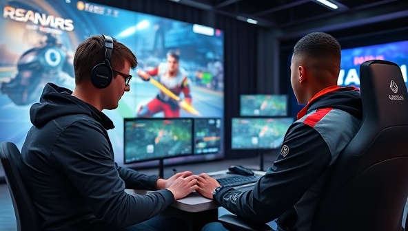 A professional eSports coach providing guidance to a dedicated player through a virtual training session, analyzing gameplay footage and discussing strategies in an immersive digital arena, highlighting the platform's focus on skill development and improvement.