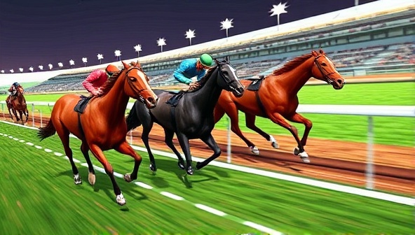 A visually stunning VR environment showcasing realistic horse models racing along a digital track, with vibrant colors and detailed animations capturing the immersive and exhilarating experience offered by EquestrianQuest VR's virtual horse racing simulation.