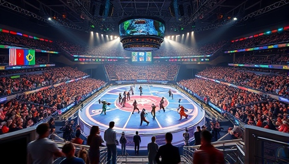 An epic virtual gaming arena filled with diverse avatars from around the world competing in intense multiplayer battles, accompanied by a grand digital stage, national flags waving in the background, and a global leaderboard displaying top scores, capturing the excitement and unity of WorldQuest Arena.