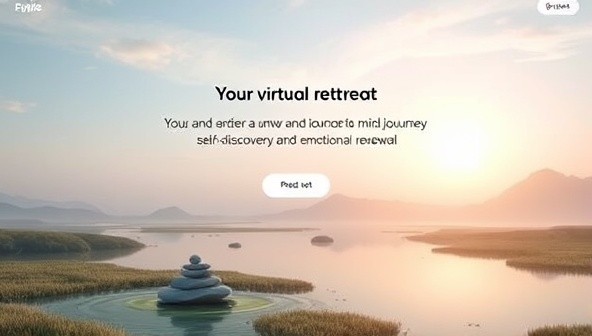 A serene digital landscape featuring a tranquil virtual retreat space with calming nature visuals, soothing music, and mindfulness quotes, inviting participants to unwind and embark on a journey of self-discovery and emotional renewal.