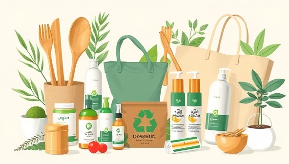 An artistic digital illustration showcasing a collection of eco-friendly lifestyle products, including bamboo utensils, organic skincare items, reusable bags, and plant-based cleaning supplies, arranged in a visually appealing and sustainable-themed composition, highlighting the variety and eco-conscious focus of the subscription box service.