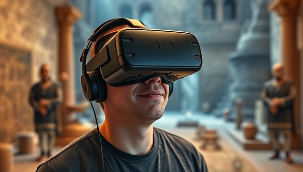 An individual wearing a VR headset, fully immersed in a virtual historical setting, surrounded by digital representations of ancient artifacts and historical figures, creating a captivating and educational experience through TimeWarp VR.