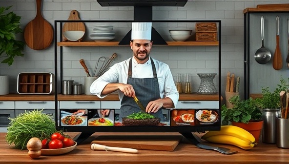 A virtual cooking class session with a chef demonstrating a recipe and guiding participants through cooking techniques via a live stream, with fresh ingredients, kitchen tools, and cooking utensils arranged in the background, showcasing interactive and engaging online culinary experiences.