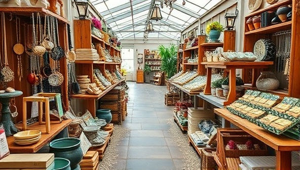 An artistic and visually captivating display of handmade jewelry, ceramic pottery, handcrafted soaps, and other artisanal goods arranged in a virtual marketplace setting, highlighting the diversity and craftsmanship of the products available on ArtisanAvenue.