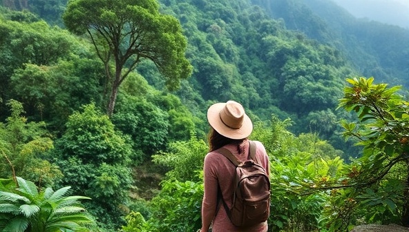A serene image of a traveler immersed in nature, surrounded by lush greenery and wildlife, capturing the essence of sustainable and immersive travel experiences.