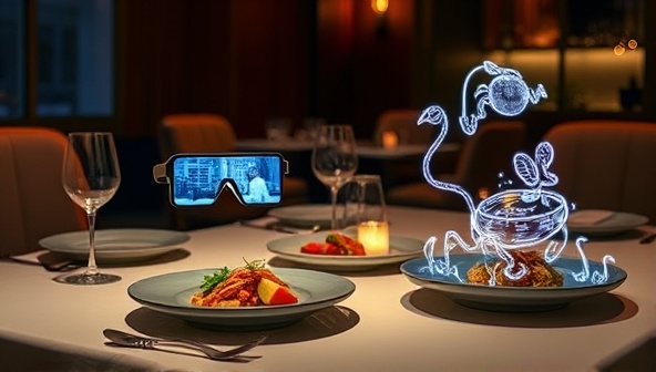 An elegant dining table set with AR glasses next to exquisite dishes that come to life through virtual animations, blending technology and gastronomy in a visually stunning display.