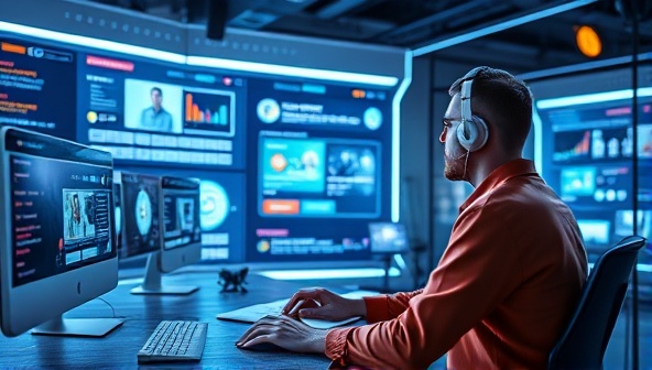 A futuristic design studio with designers wearing headsets, speaking commands to manipulate website elements in a virtual workspace, surrounded by voice recognition devices, interactive screens, and a dynamic design environment, illustrating the future of voice-activated web design tools.