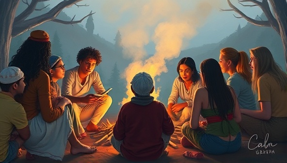 An artistic depiction of a diverse group of people gathered around a campfire, listening intently to a storyteller, symbolizing the essence of connection and community through storytelling.