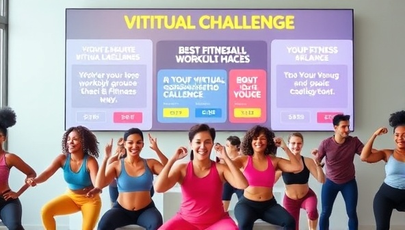 A vibrant and energetic image of a diverse group of individuals participating in a virtual fitness challenge, showcasing different workout routines and exercises, with motivational quotes and progress trackers displayed on the screen, inspiring a sense of community and achievement.