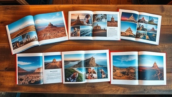 An array of beautifully curated travel photo books displayed on a rustic wooden table, each book showcasing a different destination with vibrant images and personalized captions, evoking a sense of wanderlust and storytelling through visuals.