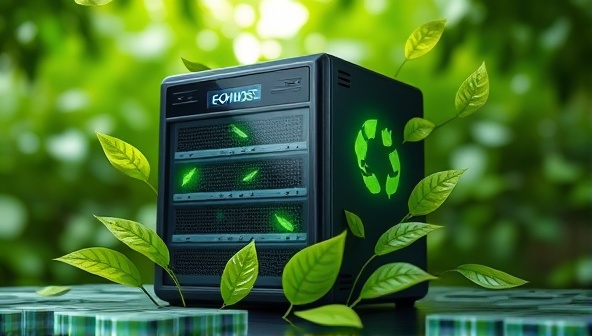 A digital representation of a web server powered by renewable energy sources, with green leaves and eco-friendly symbols surrounding the server, illustrating the environmentally conscious hosting solutions offered by EcoHost Web.
