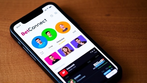 A mobile phone screen displaying the BetConnect app interface with colorful betting circles, social interactions, and user profiles, showcasing the engaging and social features of the mobile app-based social betting community.