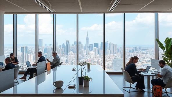 An open, modern coworking space with panoramic views of a bustling city skyline, featuring professionals working on laptops, networking over coffee, and engaging in collaborative discussions, showcasing a vibrant and dynamic work environment in a travel destination.