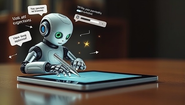 An AI-powered robot pen writing on a digital tablet, surrounded by floating grammar suggestions, creative sparks, and a progress bar showing writing enhancements, symbolizing the efficiency and support provided by ProsePal's AI assistant.