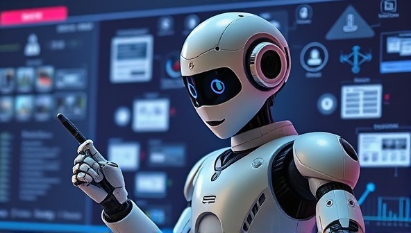 An AI-powered robot brainstorming content ideas, writing articles, and designing graphics on a digital interface, highlighting the efficiency and creativity of AI-driven content creation for businesses seeking engaging and personalized content solutions.