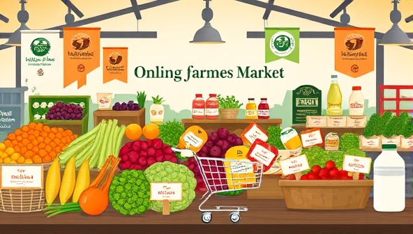 An inviting online farmers market scene featuring a variety of fresh produce, dairy products, and artisanal goods displayed on a virtual marketplace, with colorful banners, farm logos, and a checkout cart symbolizing the convenience and diversity of offerings available on Harvest Hub.